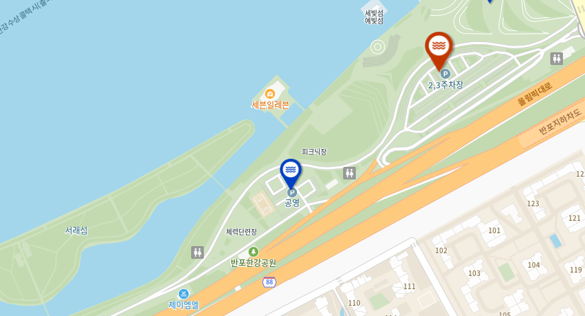 2024 서래섬 유채꽃 축제 주차장 중 한 곳인 반포 제2주차장 1 (반포대교 남단 하류)