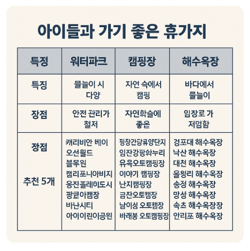 아이들과 가기 좋은 휴가지 특징 장단점 추천장소 표로 작성한 이미지