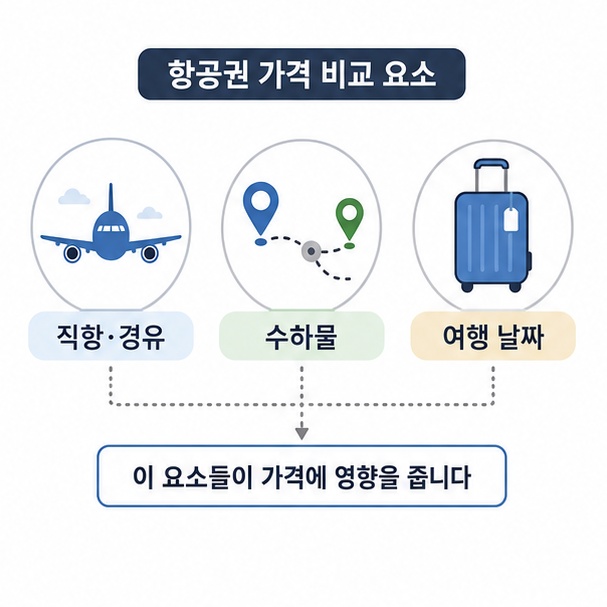 직항과 경유, 수하물, 여행 날짜가 미국 항공권 가격에 영향을 주는 요소임을 설명한 이미지