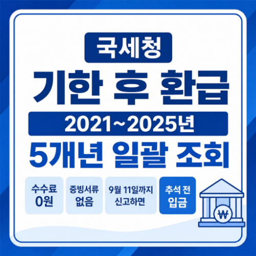 국세청 기한 후 환급 서비스 2021년부터 2025년까지 5개년 환급금 일괄 조회 및 9월 11일까지 신고 시 추석 전 입금 안내
