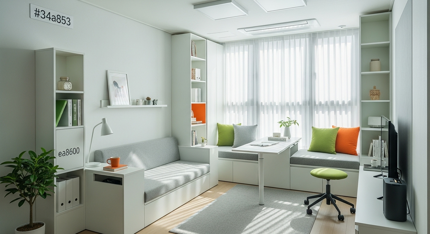 2025년 서울 1인 가구를 위한 10평대 오피스텔 내부. 밝은 채광 아래 그린-오렌지 컬러 포인트와 다기능 가구로 효율성을 높인 미니멀 인테리어.