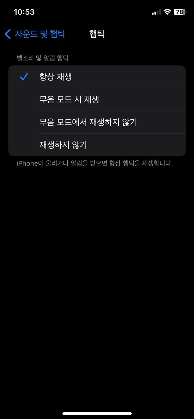 사운드 및 햅틱 무음 모드에서 재생하지 않기