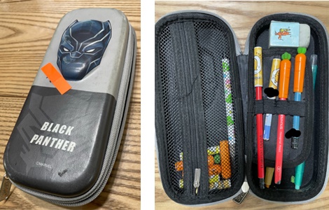 남자아이 필통, 블랙 팬서 얼굴이 그려진 필통으로 안쪽에 구획이 나누어져 있다