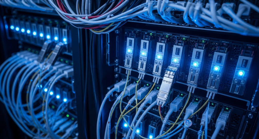 빛과전자 주가 전망 관련 이미지(데이터센터 서버 랙에 빼곡히 꽂혀 있는 초고속 광송수신 모듈(광트랜시버)과 푸른색 LED 빛이 번쩍이는 일러스트)