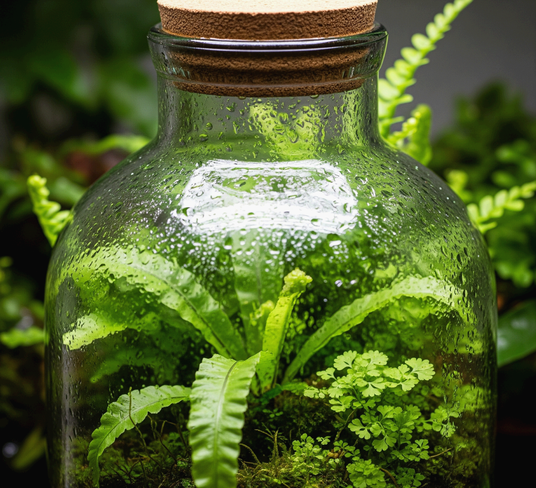뚜껑이 닫힌 유리병 속 고사리과 식물들