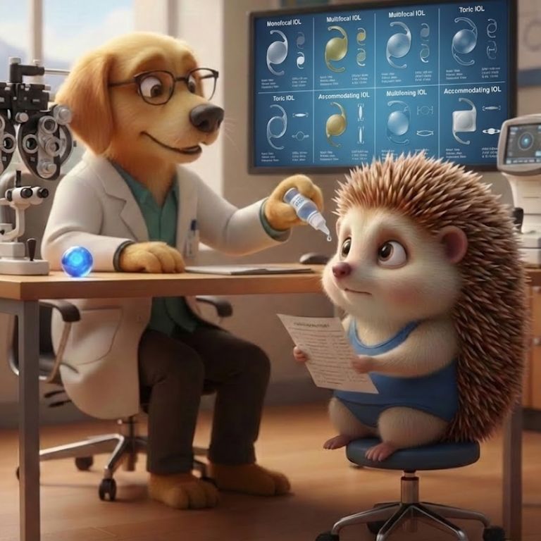 딸 도치씨가 안과 상담실에 앉아있는 데 의사선생님이 안약을 넣어주는 모습