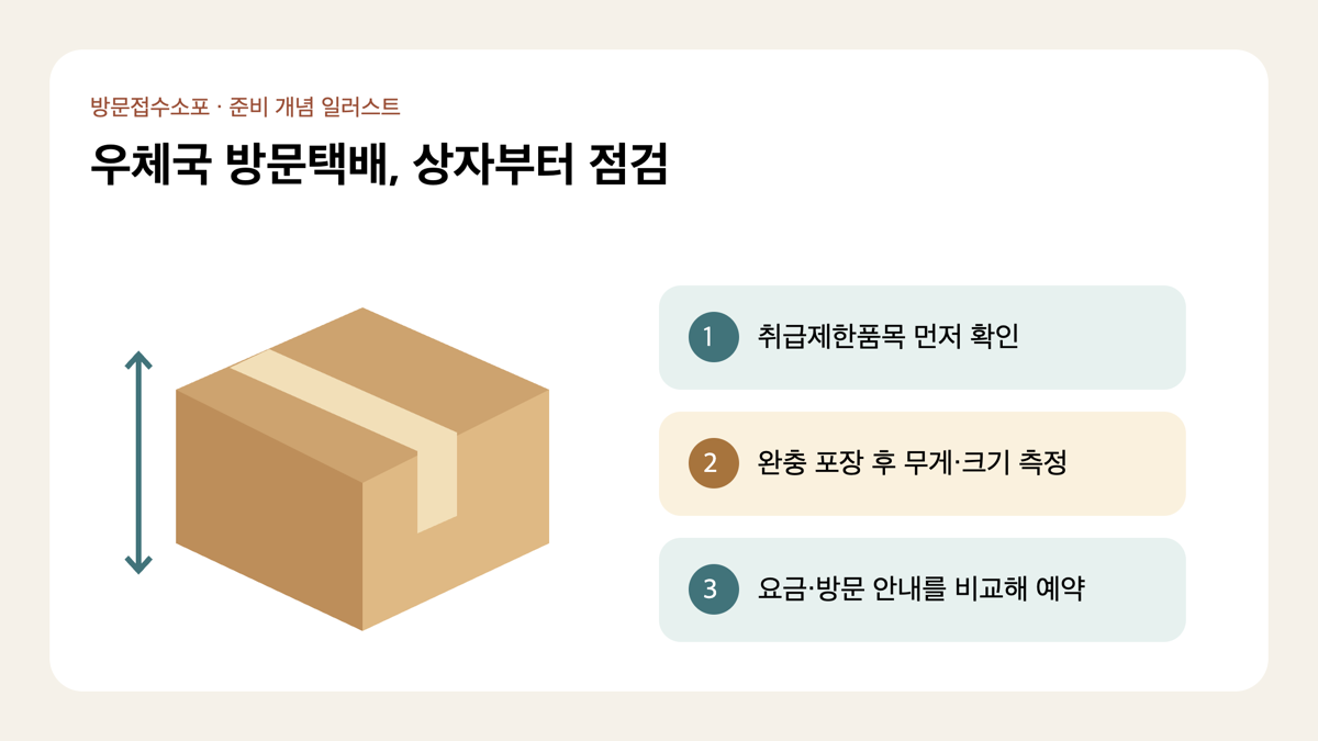 우체국 방문접수소포의 취급제한품목 확인과 포장 후 규격 측정 과정을 그린 개념 일러스트