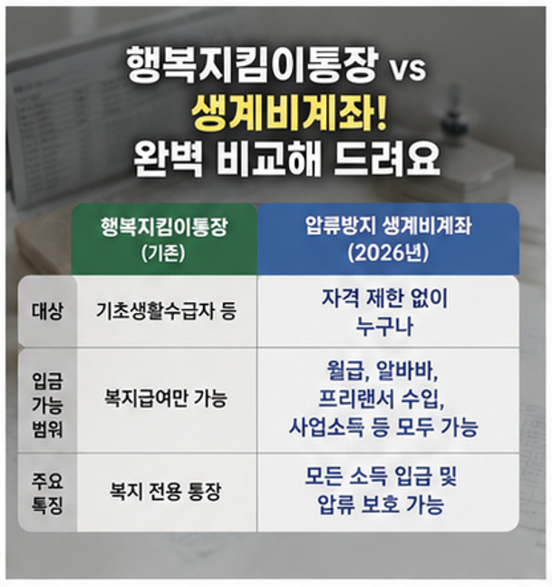 "월 250만원 절대 지켜!" - 압류방지 생계비계좌 vs 행복지킴이통장 차이점 한눈에 보기