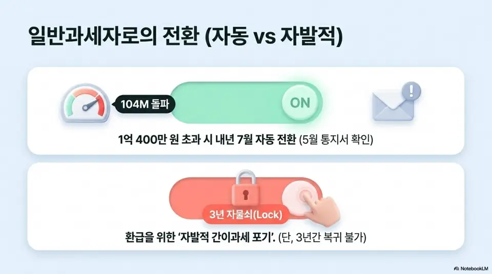 간이과세자 부가가치세: 간이과세자에서 일반과세자로의 전환을 자동 전환과 자발적 포기 두 가지로 구분해서 설명하는 인포그래픽 이미지. 1억 400만 원 초과 시 내년 7월 자동 전환되며 5월 통지서를 확인해야 하고 환급을 위해 자발적으로 간이과세를 포기할 수 있지만 3년간 복귀가 불가하다는 내용을 전달함