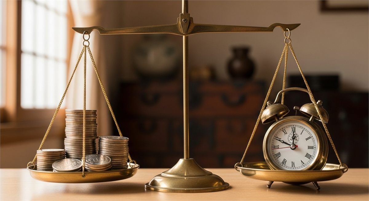 수령 시기와 연금액의 균형을 상징하는 저울 정물 이미지 