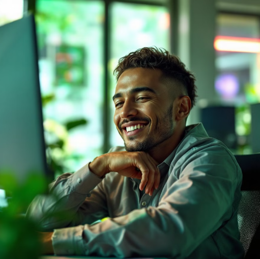 스트레스 관리를 위해 휴식을 취하며 웃고 있는 직장인