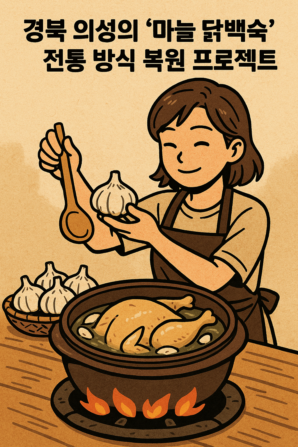 경북 의성에서 마늘과 닭백숙을 전통 방식으로 끓이는 모습을 담은 삽화