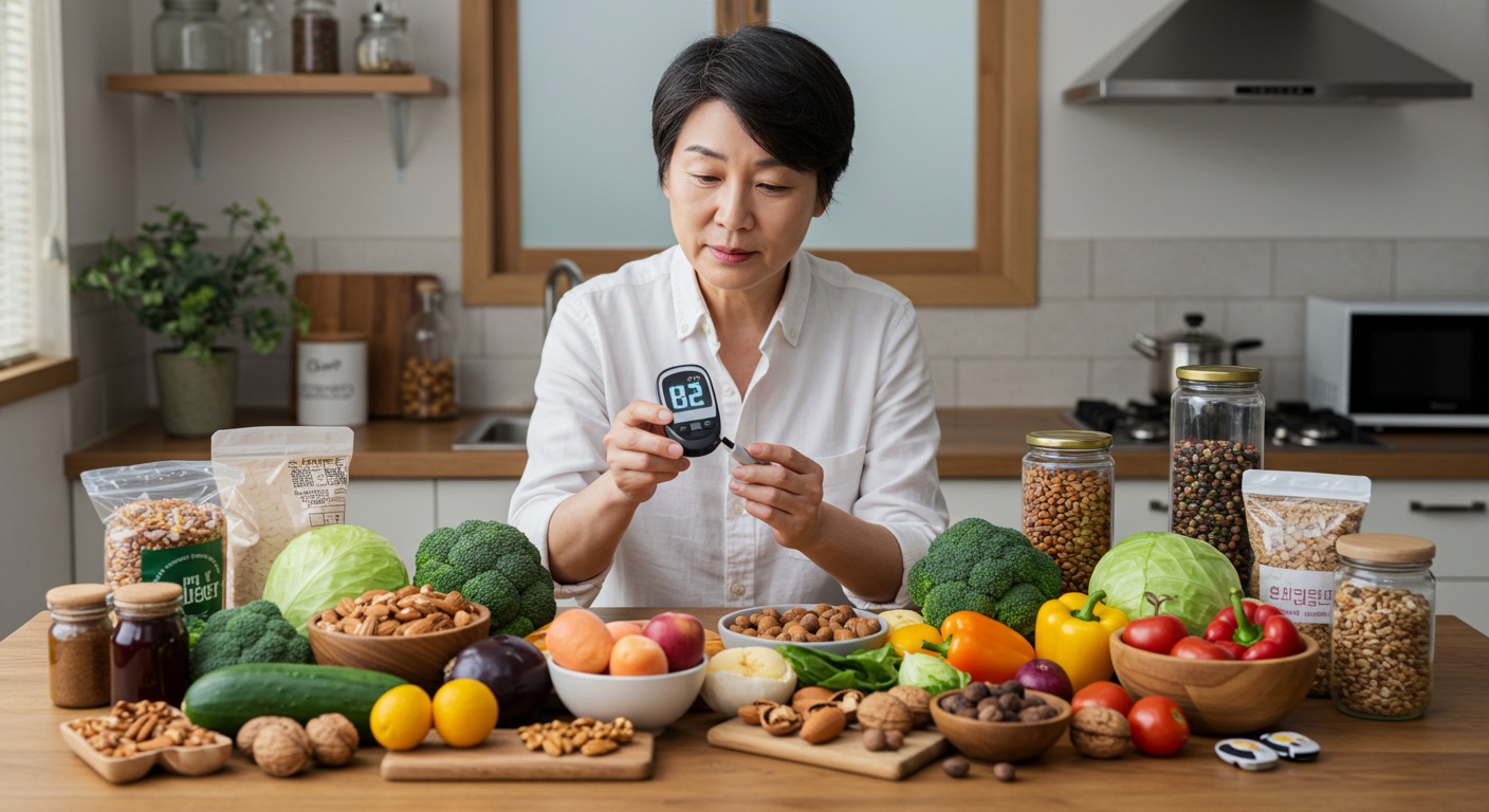 다양한 건강식품과 혈당측정기가 놓인 테이블
