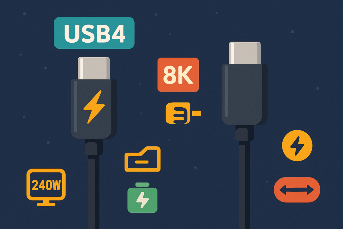 USB4 케이블이 240W 충전, 8K 디스플레이, 고속 전송을 지원하는 기능 비교 이미지