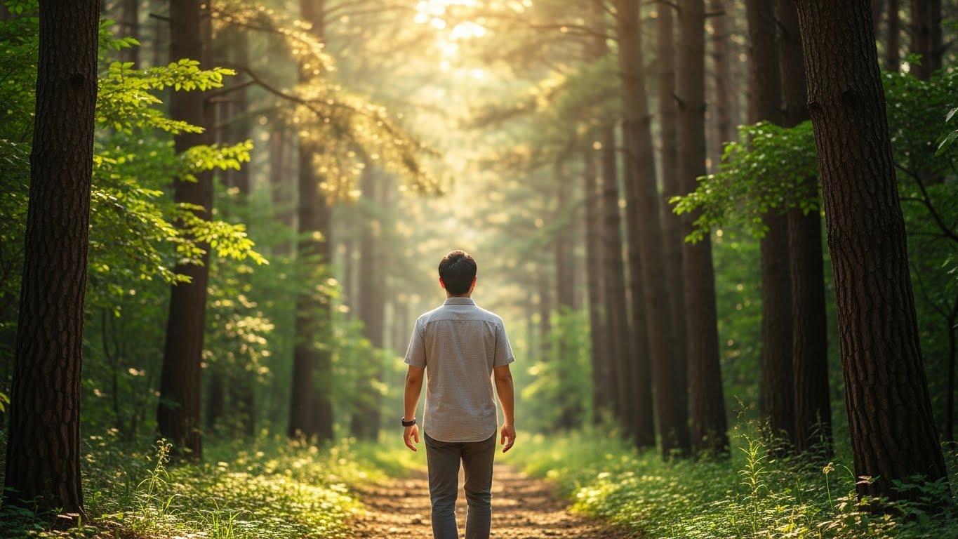 고자극 환경에서 벗어나 숲길을 산책하며 뇌의 평온과 몰입력을 회복하는 모습