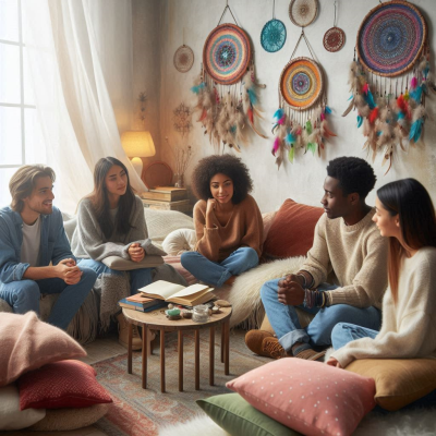 사람들 간의 꿈 이야기 모임에서 다양한 의견을 나누는 모습입니다.