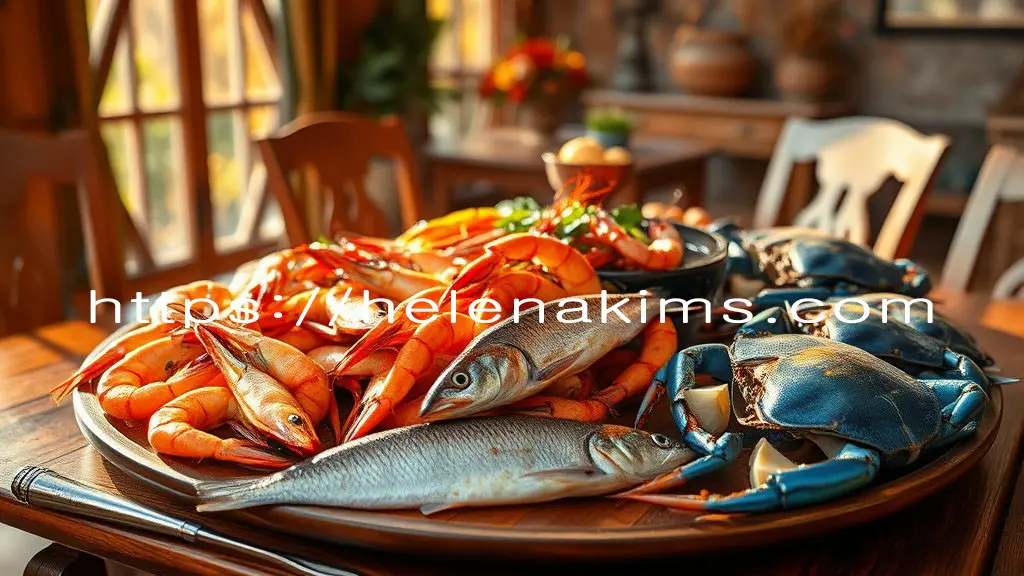 따뜻한 가을 햇살 아래, 고급스런 나무 식탁에 신선하고 빛나는 대하와 노릇하게 구워진 전어와 꽃게가 먹음직스럽게 놓여있는 모습.