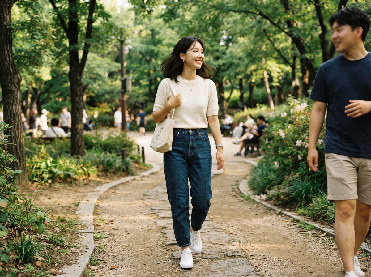 Full body shot of a Korean woman walking outdoors in a park, wearing barrel-leg jeans with a simple ivory sweater and white sneakers, casual stroll date outfit, summer afternoon light, candid lifestyle photography
---