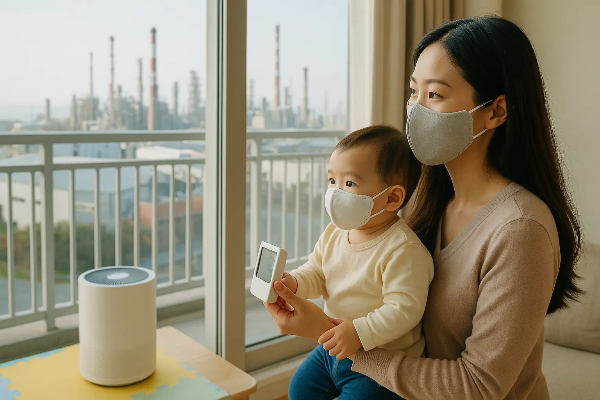 산업단지 외곽의 주거 공간에서 마스크를 쓴 엄마와 아기가 발코니에서 실내 공기질을 체크하며 창밖을 바라보는 따뜻한 장면, 텍스트 없음