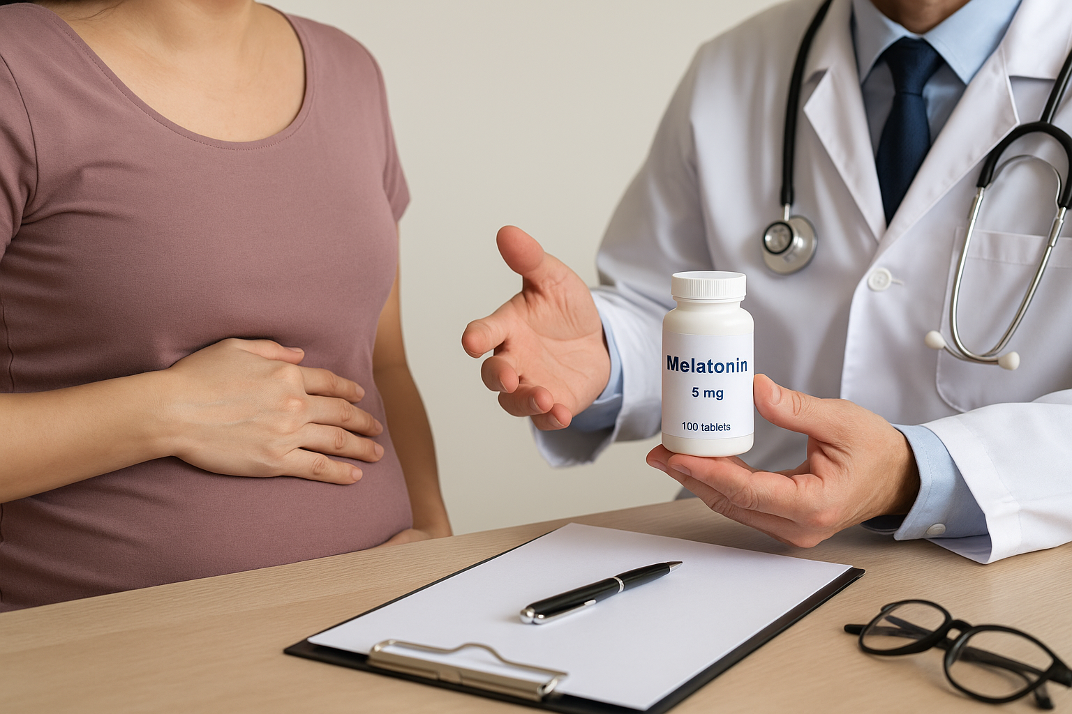 임산부가 의사에게 멜라토닌 복용에 대해 상담하고 있는 장면. 의사는 멜라토닌 5mg 병을 들고 설명하고 있으며&amp;#44; 책상 위에는 문진표와 안경이 놓여 있다.