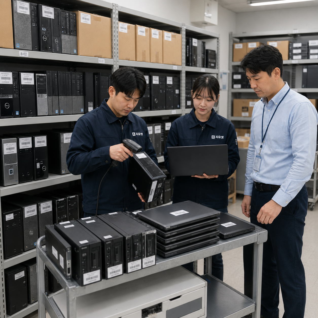 불용 전산장비에서 분리한 HDD SSD 외장하드 USB를 종류별로 정리하고 바코드로 확인하는 모습
