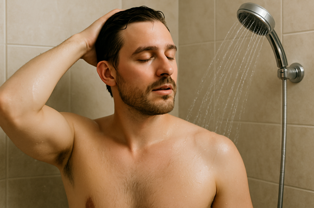 미지근한 물로 샤워하며 피로를 푸는 남성의 모습, 여름철 샤워 습관의 중요성을 표현