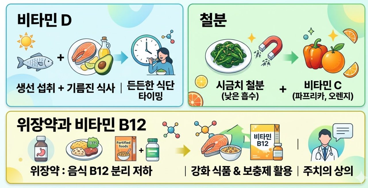 비타민 D 철분 B12 식단과 보충 전략 종합 정리 인포그래픽
