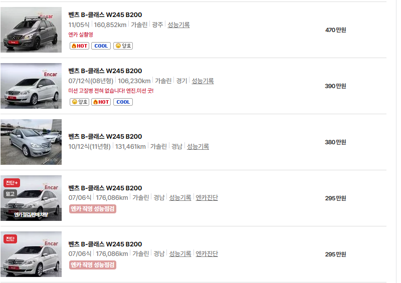 벤츠 b 클래스 중고차 가격 시세표 유지비