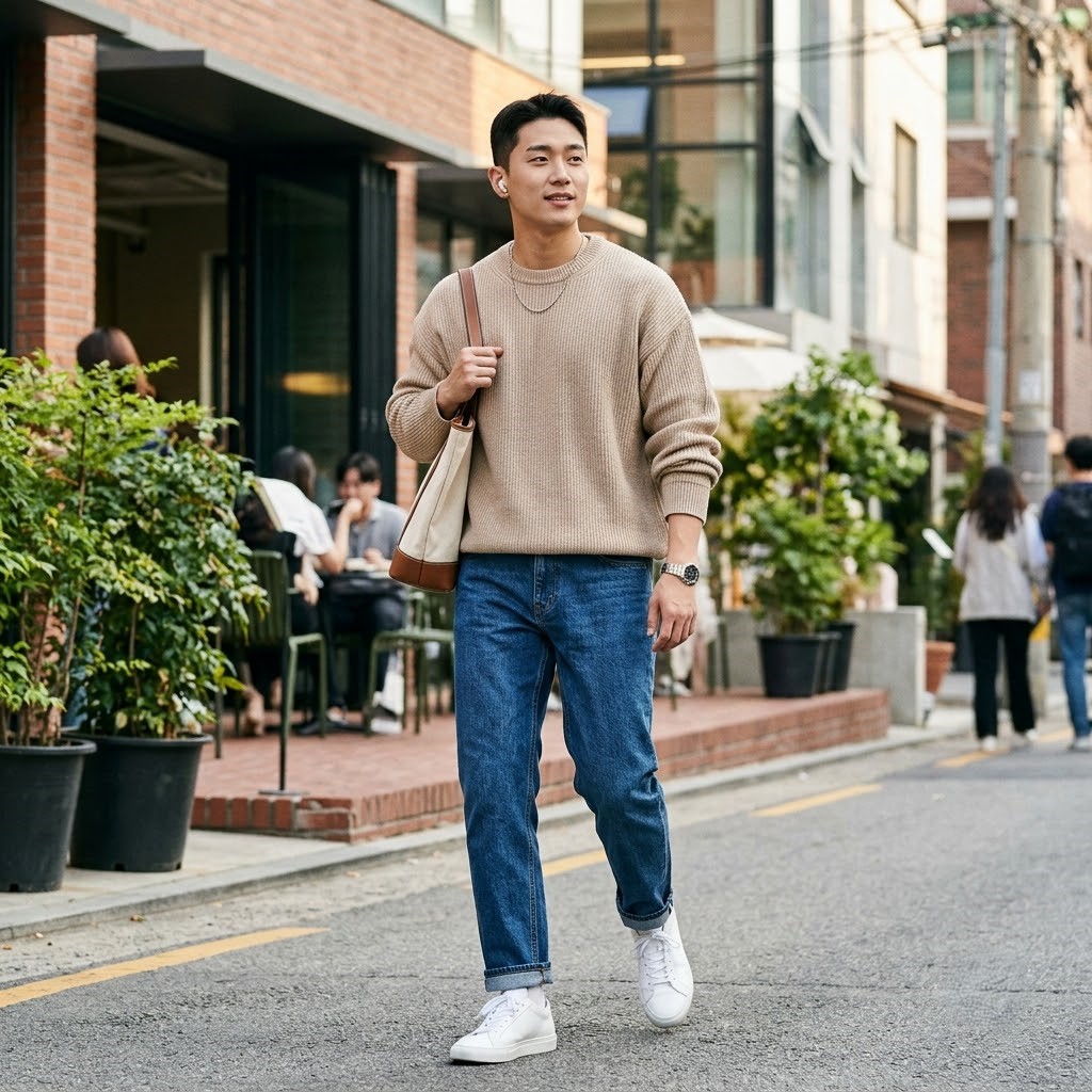Korean man wearing an oversized argyle knit sweater with straight-leg denim jeans and loafers, casual autumn styling, standing in a cozy cafe street, warm color grading, lifestyle fashion photography