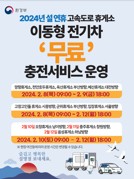 2024년 설 연휴 고속도로 휴게소 전기차 충전 무료서비스 제공