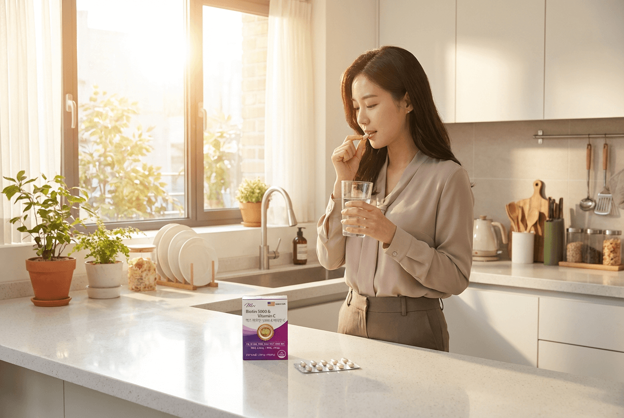 아침 식탁 위에 물컵과 함께 놓인 헬씨허그 비오틴 비타민C 정제, 창가로 햇빛이 들어오는 따뜻한 분위기입니다.