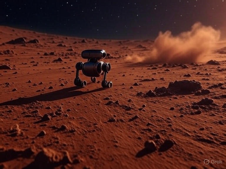 깊은 우주를 배경으로 화성의 붉은 사막 위를 자율 로봇이 이동하며, 먼지 구름과 암석 사이로 은은한 빛이 비치는 풍경 이미지