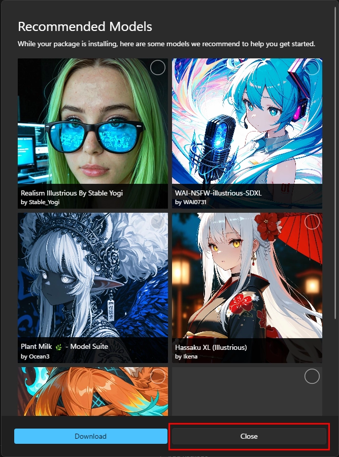 WebUI 설치 완료 후 모델 다운로드 팝업창은 닫습니다.