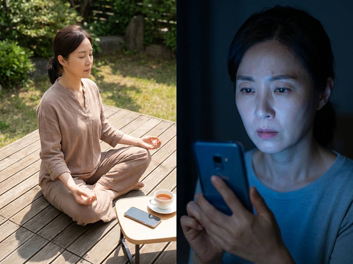어둠 속에서 스마트폰 블루라이트를 쬐고 있는 사람의 얼굴과 대비되는, 스마트폰을 멀리 치우고 명상을 하는 평온한 사람의 모습