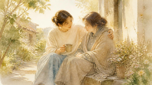 ISFJ는 따뜻한 사람입니다. 누군가 힘들어하면 먼저 다가가고, 누군가 도움이 필요하면 조용히 손을 내밉니다에 관한 그림입니다.