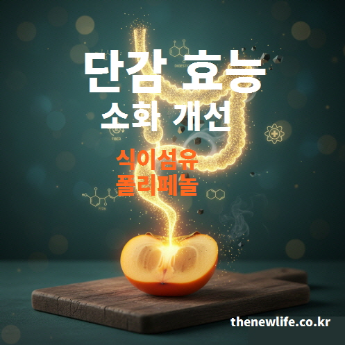 단감의 식이섬유와 폴리페놀 성분이 소화 개선과 장 건강에 도움을 주는 효능을 표현한 인공 이미지