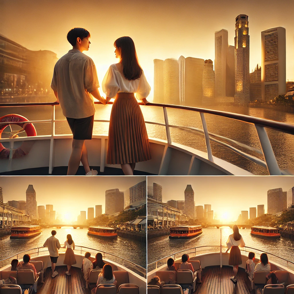 선셋을 배경으로 크루즈에 탄 커플, 싱가포르 리버를 따라 떠나는 유람선