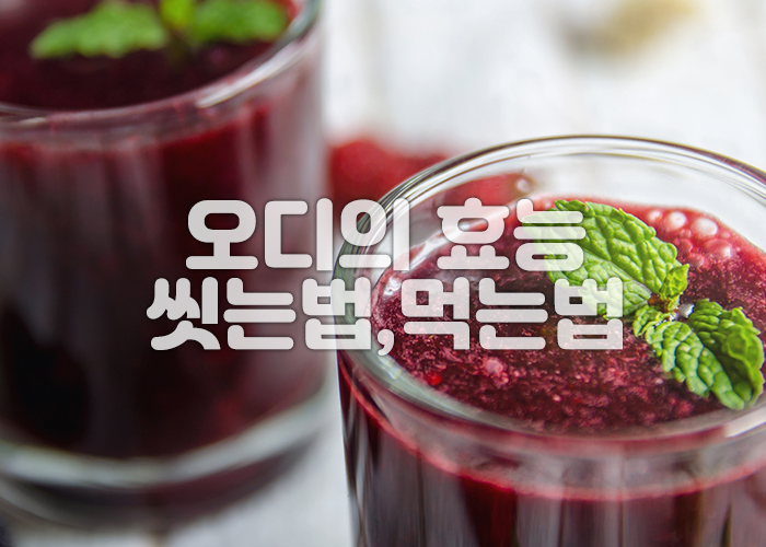 오디 쥬스가 유리컵에 들어있다