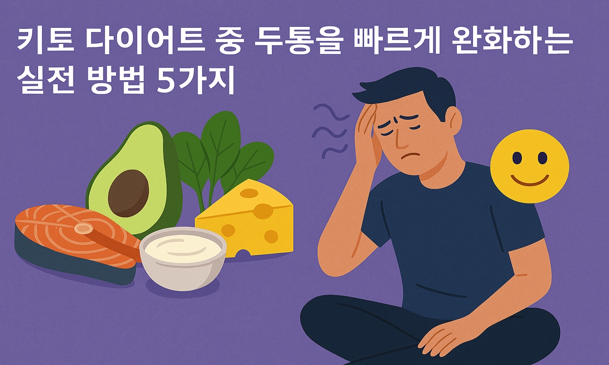 이 이미지는 보라색 배경 위에 키토 식단의 핵심 재료인 아보카도, 달걀, 치즈, 견과류 등을 밝고 간결하게 표현하고 있다. 상단에는 “두통 완화”를 암시하는 시각 요소들이 함께 배치되어 키토 다이어트 중 두통 문제와 식이 요법의 관계를 강조한다.