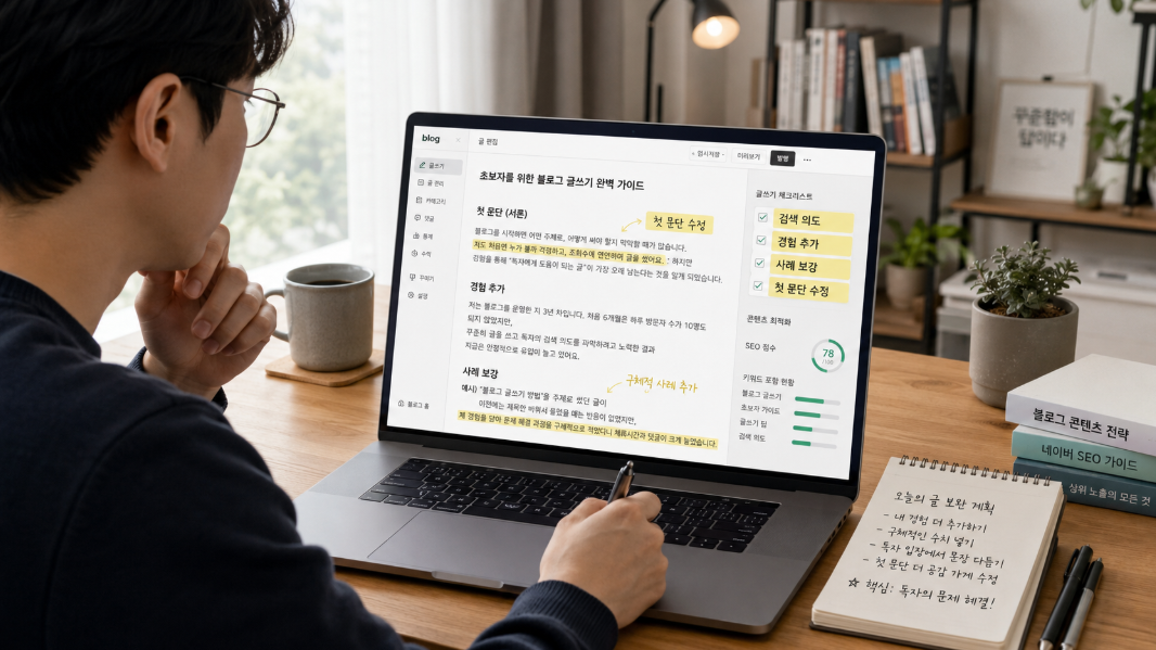 AI가 작성한 블로그 초안에 사람의 경험과 실제 사례를 추가하는 장면