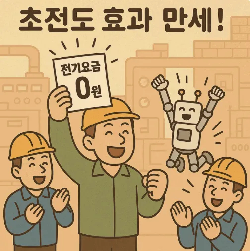 '초전도 효과 만세!'라는 문구가 강조된 풍자 일러스트 이미지. 공장장이 전기요금 0원이 적힌 고지서를 들고 환호하고, 옆의 직원들과 로봇이 박수치며 함께 기뻐하는 모습. 초전도체의 실용화로 산업 현장의 에너지 비용이 획기적으로 절감되는 미래를 유쾌하게 표현함 (superconductor, zero electricity cost, factory celebration)