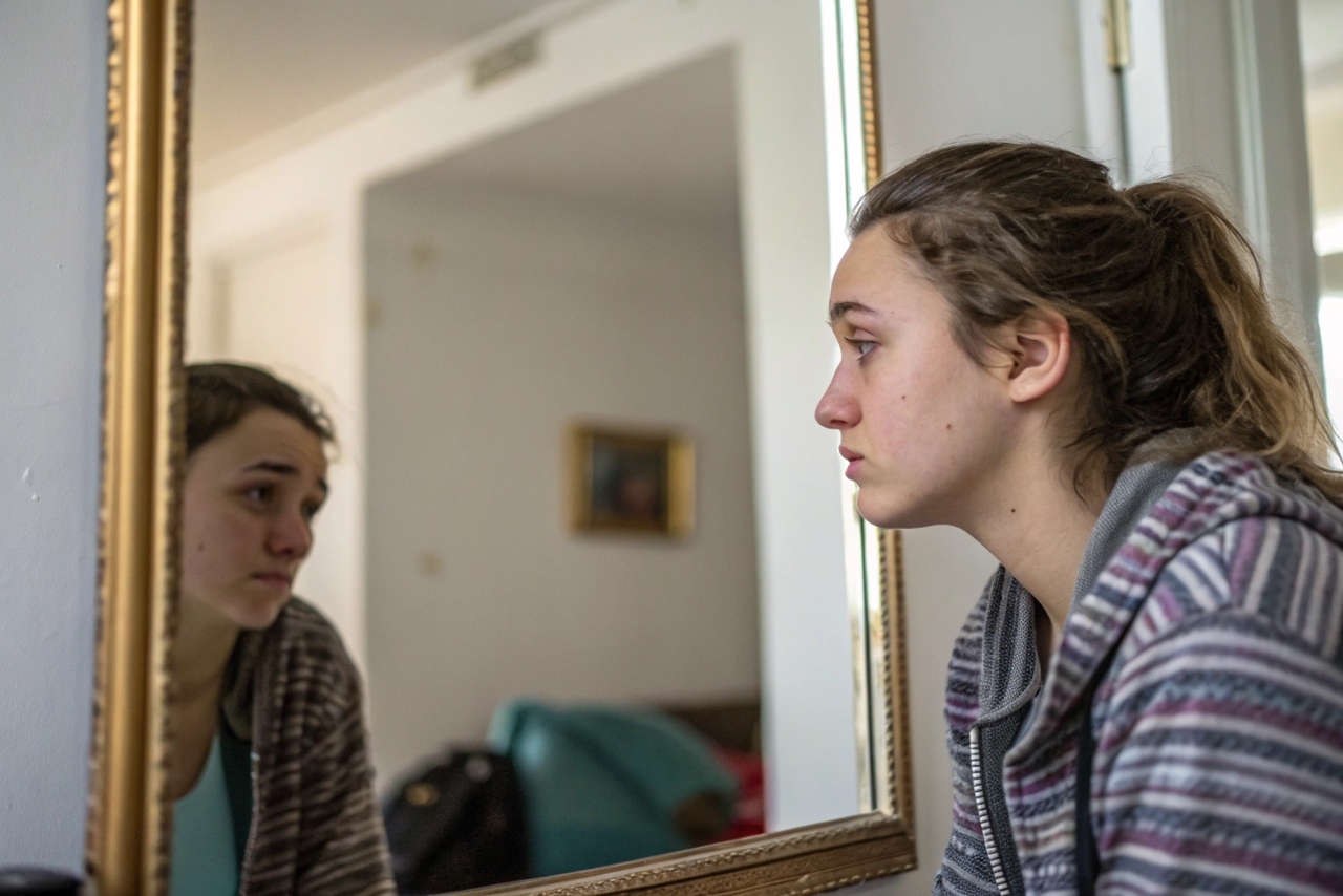 거울을 보고 있는 여성