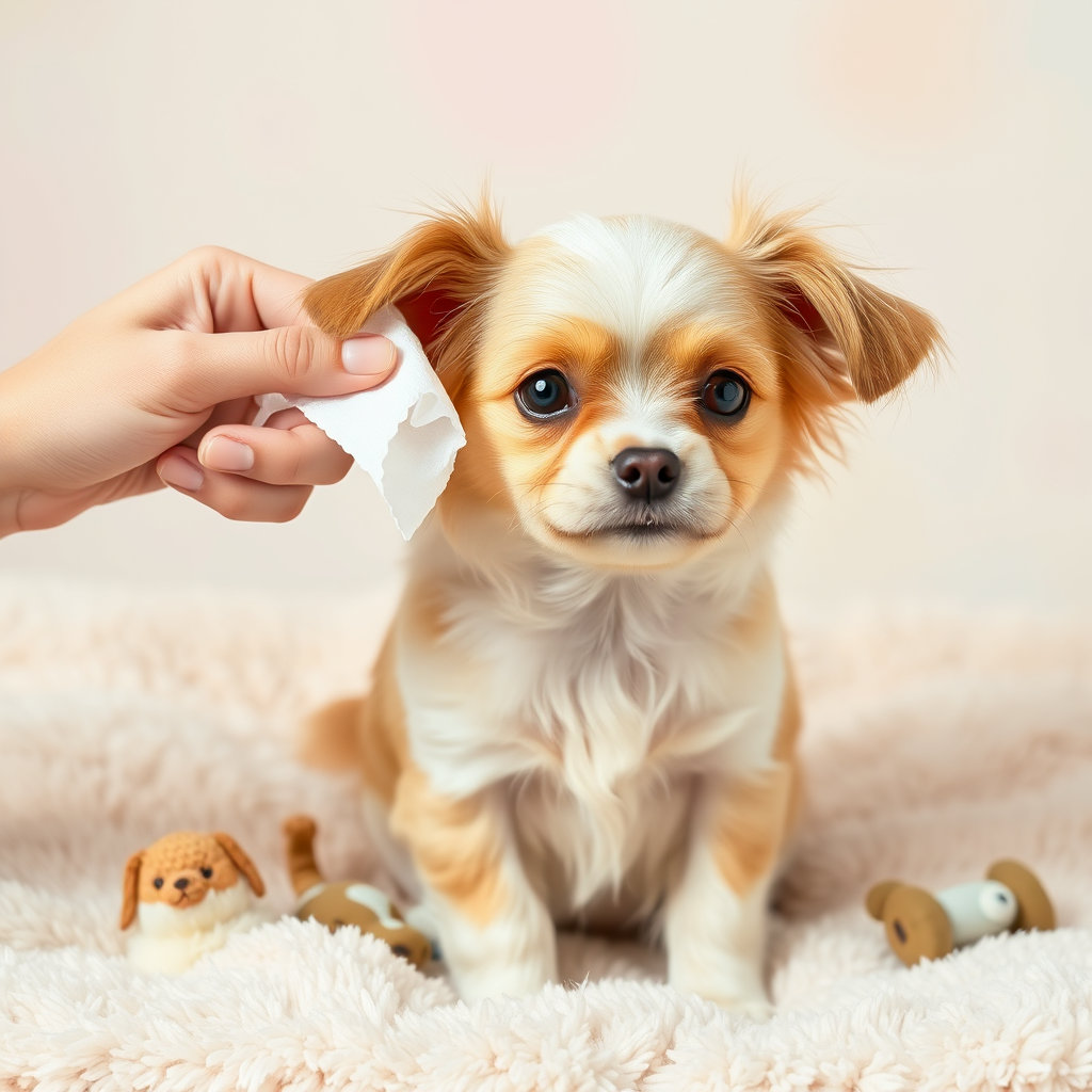 소형견 한 마리가 하얀 카페트에 앉아있고 사람 손이 강아지 귀를 닦으면서 관리하고 있음.