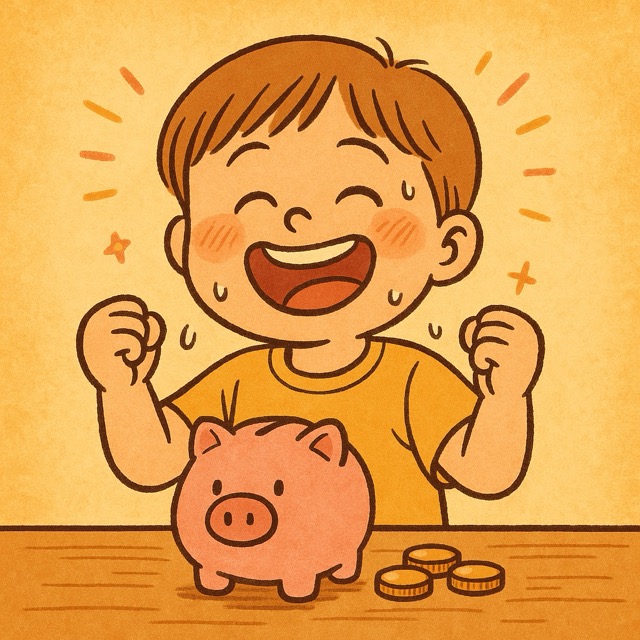 무지출 챌린지를 성공한 어린이가 저금통 앞에서 환하게 웃으며 두 팔을 들고 기뻐하는 그림