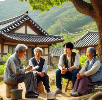 마을 어르신과 조사자가 함께 텃골 이야기를 나누는 장면