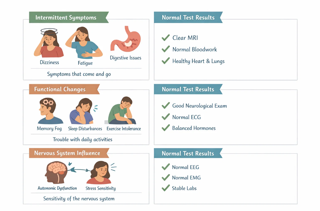 간헐적으로 나타나는 증상과 기능적 변화는 있지만 각종 검사 결과는 정상으로 나온 상황을 설명한 그림