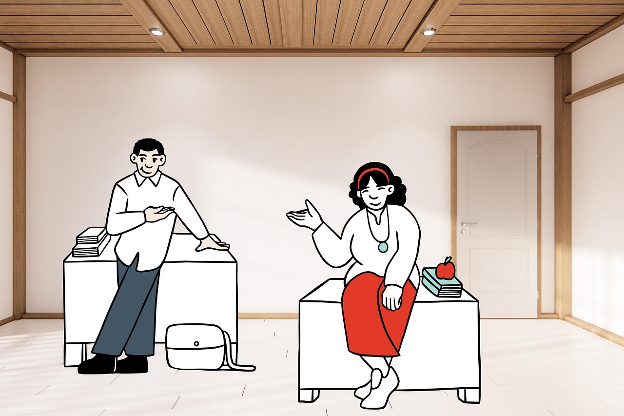 직장에서 동료와 대화하는 일러스트