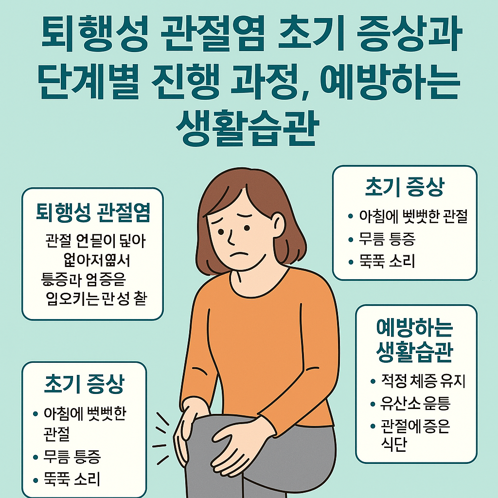 퇴행성 관절염의 증상, 진행 단계 및 예방법에 대해 설명하는 한국어 인포그래픽으로, 무릎 통증을 겪는 여성이 중심에 배치되어 있으며 주변에는 초기 증상, 질환의 단계별 변화, 생활습관 관리법이 다크 청록색 텍스트로 정리되어 있다. 배경은 조화로운 청록색, 오렌지, 흰색으로 구성되어 시각적으로 부드럽다