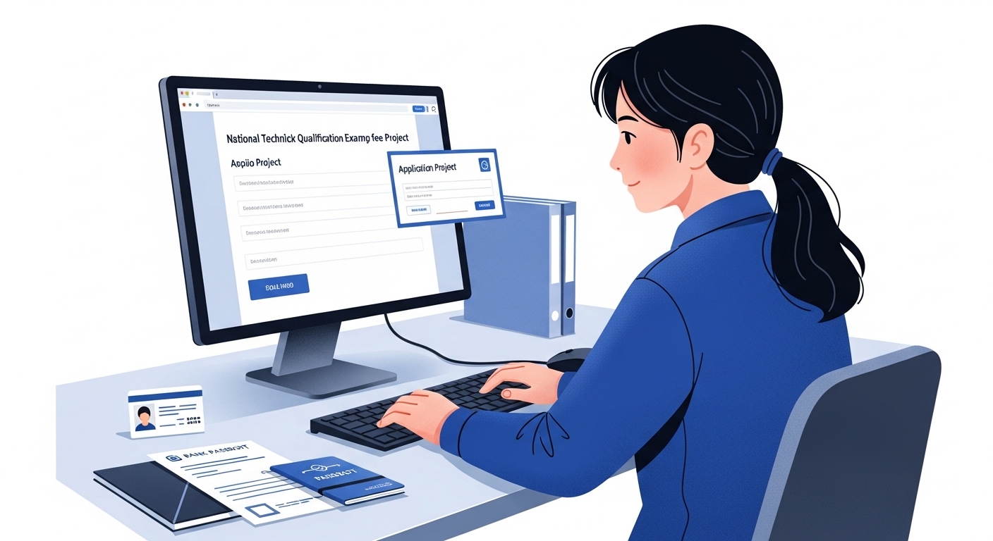 청년이 컴퓨터 앞에서 국가기술자격시험 응시료 지원 신청서를 작성하며 필요한 서류들을 준비하는 모습.