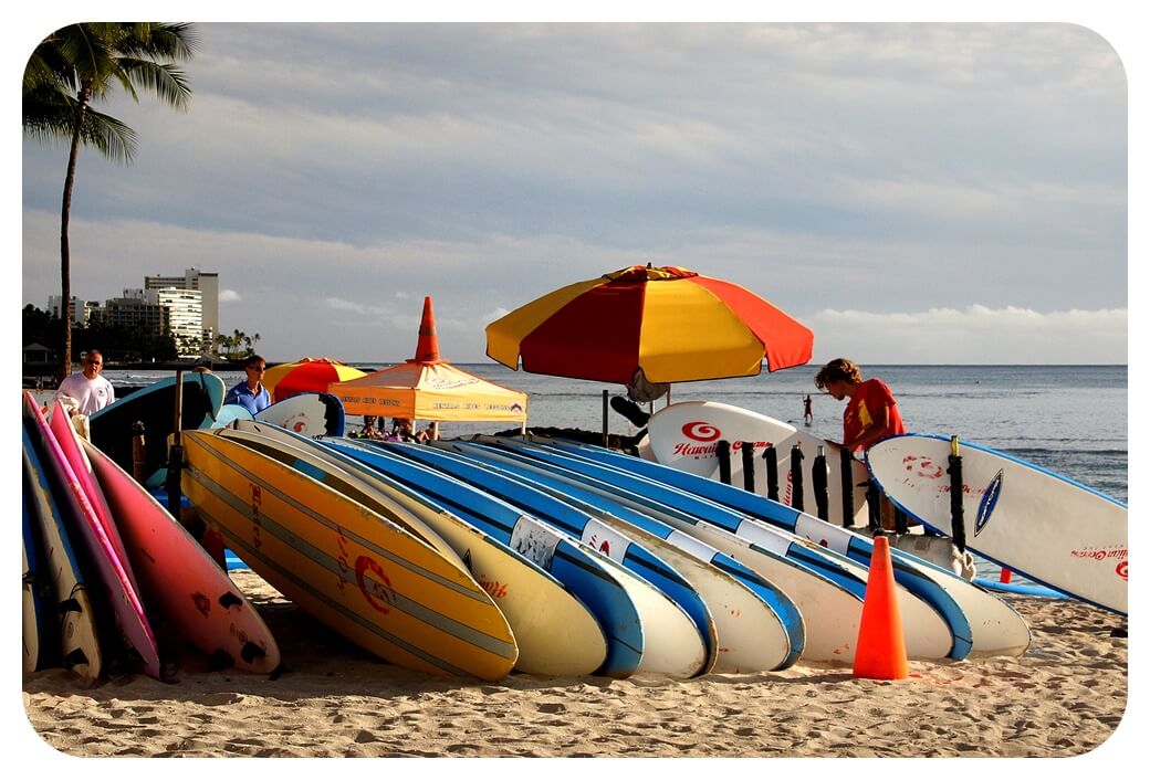 하와이 해변 서핑보드들을 찍은 사진